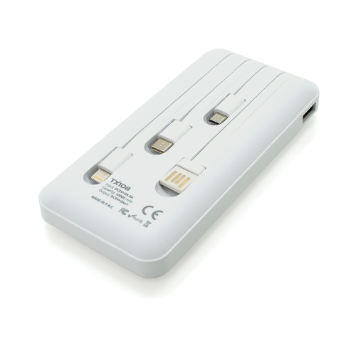 Powerbank TX-108 10000mAh, кабеля USB: Micro, Lighting, White/Black, (270g), Blister